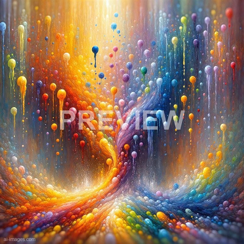 The image displays a vibrant, abstract scene filled with numerous colorful dots and streaks that appear to be dripping or melting downward. The colors range across the spectrum, including shades of yellow, orange, red, blue, green, purple, and pink, blending seamlessly into one another with a dynamic, energetic flow. The background features a luminous gradient that enhances the sense of movement and depth, creating a lively and mesmerizing visual effect.